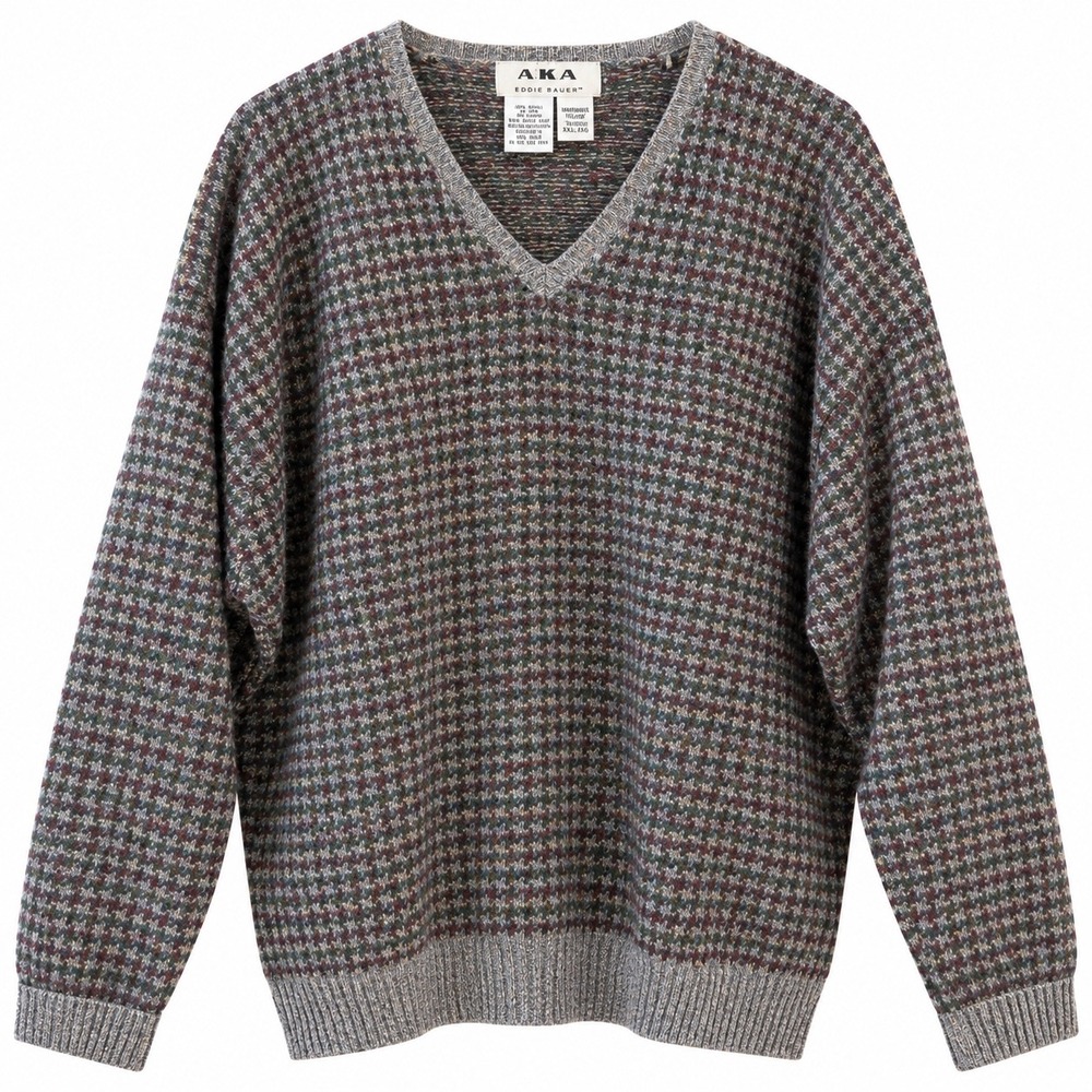 Vintage AKA Eddie Bauer 100% Wool Sweater XXL Grandpa V Neck Made Hong Kong